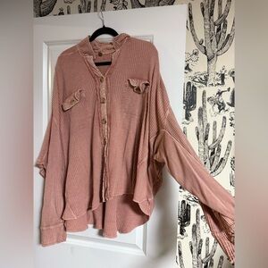 Free people Pink Button-Up Waffle Knit Top